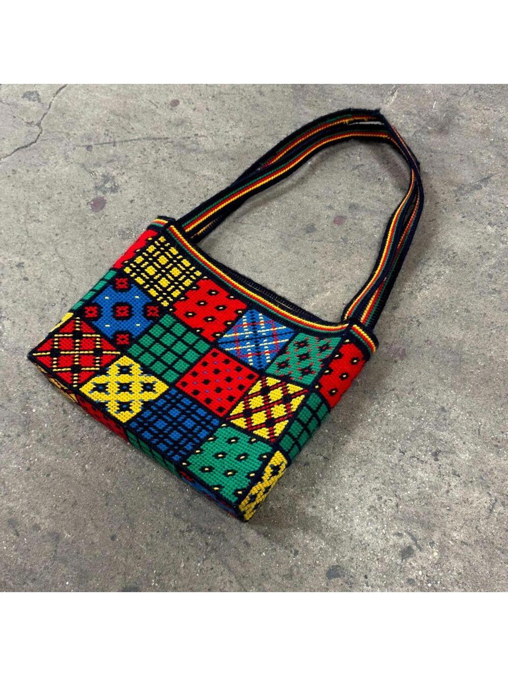 Vintage Handmade Needlepoint Primary Color Tote Bag